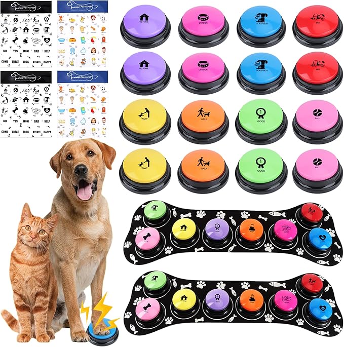 Dog Buttons for Communication, 16 Pcs 8 Color Dog Talking Button Set, 30s Recordable Voice Pet Training Buzzers, Speaking Buttons for Dogs & Cats with 4 Scene Stickers (Batteries Not Included)