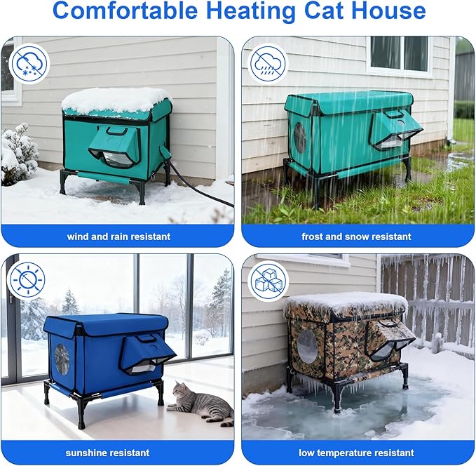 Heated Outdoor Cat House Weatherproof, Large Insulated Cat House for Indoor, Winter Stray/Feral Cat Shelter (Camouflage Cat House, Large-25.6"×16.5"×12")