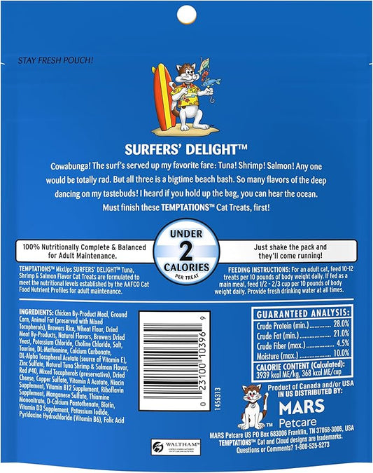 Temptations Cat Treats MixUps Surfer's Delight, Tuna, Shrimp, Salmon Flavor, Crunchy and Soft Cat Treats, 6.3 oz. Pouch (Pack of 10)