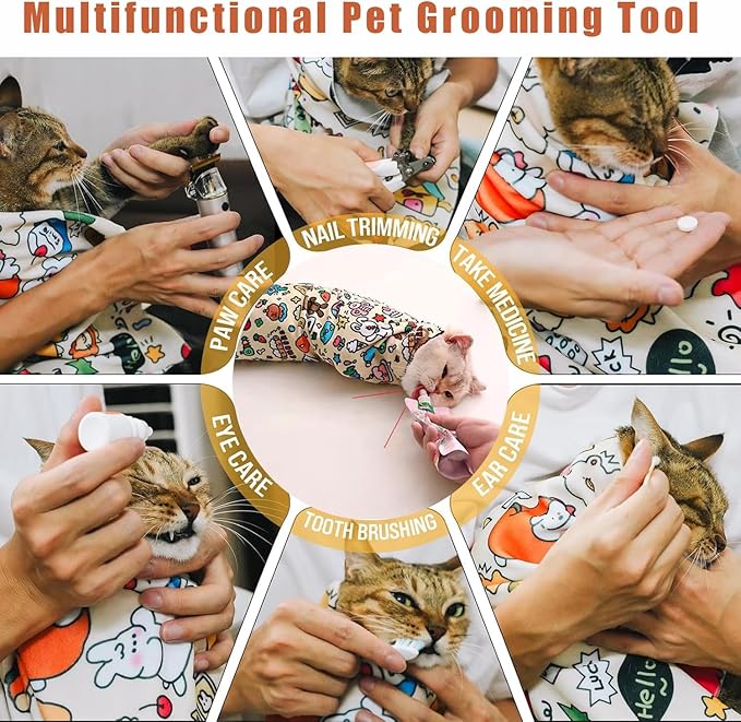 27.6‘’ Cat Grooming Wrap, Self-Adhesive Cat Wrap for Cutting Nails, Calming Cat Burrito Wrap Cat Swaddle Wrap Anti-Scratch Anti-Escape Cat Restraint for Nail Clipping, Medicine, Teeth Brushing