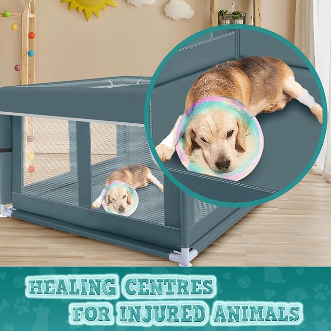 42x42 Inch Puppy Playpen with Cover, Dog Playpen for Puppies or Small Dogs, Pet Playpen for Indoor & Outdoor, Sturdy DogPen with Thickened Fabric, High-Strength Nylon Wire Mesh, Bluish Green