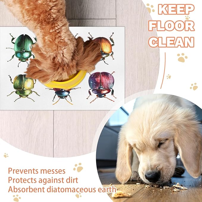 Vintage Ladybirds Dog Food Mat for Floors Absorbent, Quick Dry Water Dispenser Mat for Food, Water, Pet Supplies 16" x 24", Colorful Animal