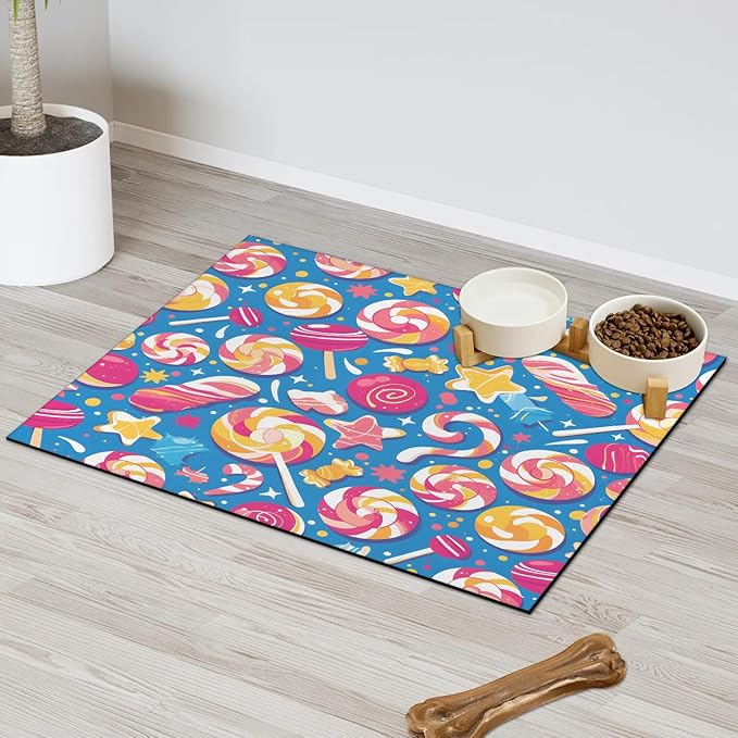 Colorful Candy Dog Food Mat for Floors Absorbent Dog Bowl Mat for Food and Water Dispenser Quick Dry Cat Food Placemat Pet Supplies 12" x 20", Rainbow Lollipop