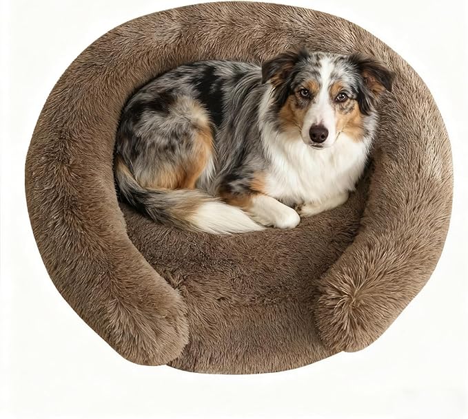 Calming Cute Dog Beds for Medium Dogs, Orthopedic Cushion Anti-Anxiety Donut Cuddler Bed, Soft Fluffy Faux Fur Plush Warming Cozy Removable Cover, Fits up to 35 lbs Pets (Round, Coffee 28")