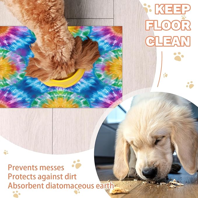 Tie Dye Dog Food Mat for Floors Absorbent, Quick Dry Water Dispenser Mat for Food, Water, Pet Supplies 17" x 30", Colorful Abstract