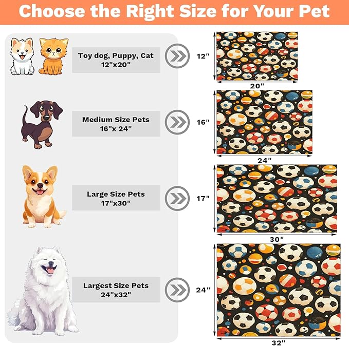 Soccer Ball Dog Food Mat for Floors Absorbent, Quick Dry Water Dispenser Mat for Food, Water, Pet Supplies 24" x 32", Colorful Football