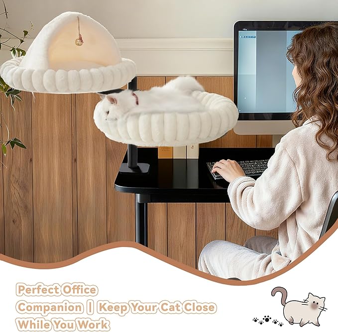 Dogpals 2-in-1 Cat Desk Bed: 360° Rotating & Height Adjustable Cat Tree with Semi-Enclosed & Open Layers, No-Drill Clamp for Desk up to 1.18" Thick, Supports 9lbs for Office