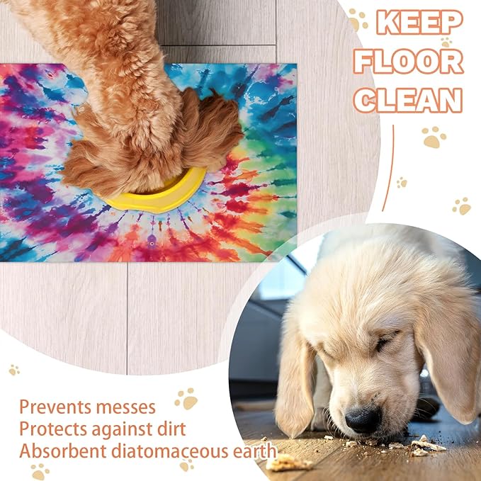 Colorful Tie Dye Dog Food Mat for Floors Absorbent, Quick Dry Water Dispenser Mat for Food, Water, Pet Supplies 16" x 24", Boho Rainbow