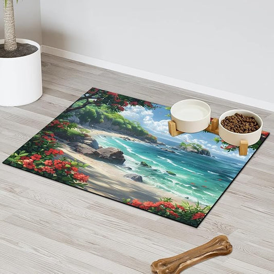 Sea Ocean Dog Food Mat for Floors Absorbent, Quick Dry Water Dispenser Mat for Food, Water, Pet Supplies 17" x 30", Hawaiian Beach