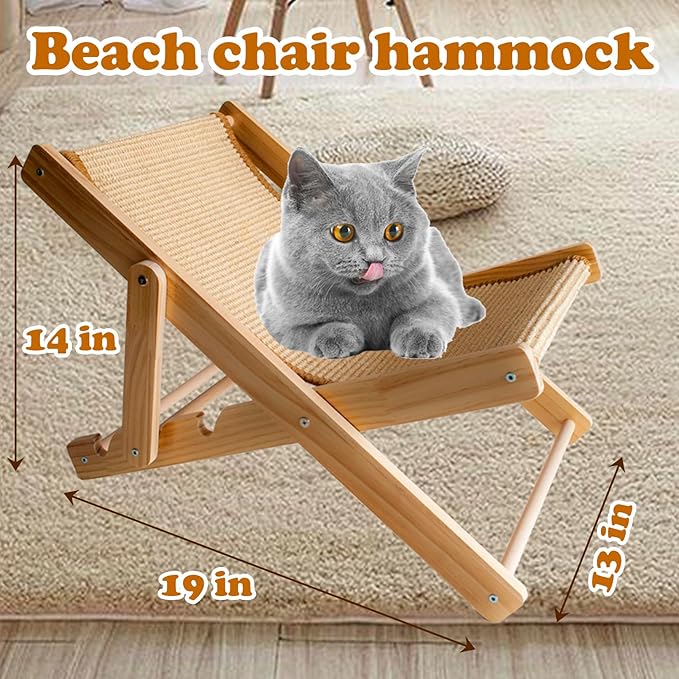 Sisal Cat Chair for Sunbathing,Adjustable Wooden Cat Lounge Chair with Sisal Mat Scratcher 3 Height Beach Kitty Hammock Bed Indoor Outdoor Lounging Scratching Furniture for Kitten Puppy Bunny