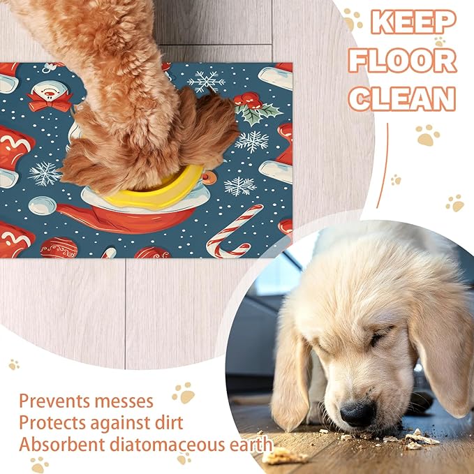 Santa Claus Dog Food Mat for Floors Absorbent, Quick Dry Water Dispenser Mat for Food, Water, Pet Supplies 16" x 24", Christmas Holly