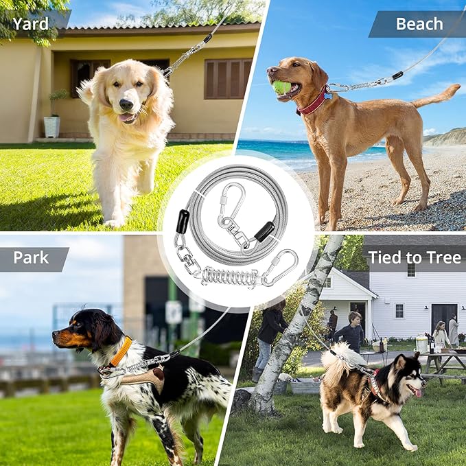 jenico Dog Tie Out Cable, 10/15/20/30/40/50/70/100/150FT Runner Cable with Swivel Hook and Shock Spring, Dog Leash Run Tether for Yard Outdoor and Camping,for Small to Medium Pets Up to 500 LBS