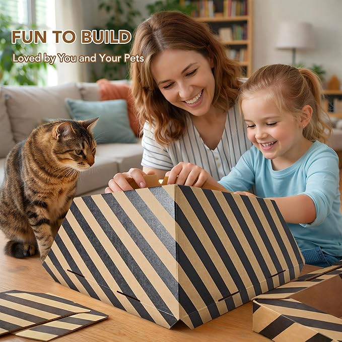 PETNOVO Foldable Cat Bed & House for Travel – Origami Cardboard Cat House with Built-in Honeycomb Scratcher Pad, No-Tools Assembly, FSC-Certified Recyclable, Black, 18.5" L x 18.5" W x 11.8" H
