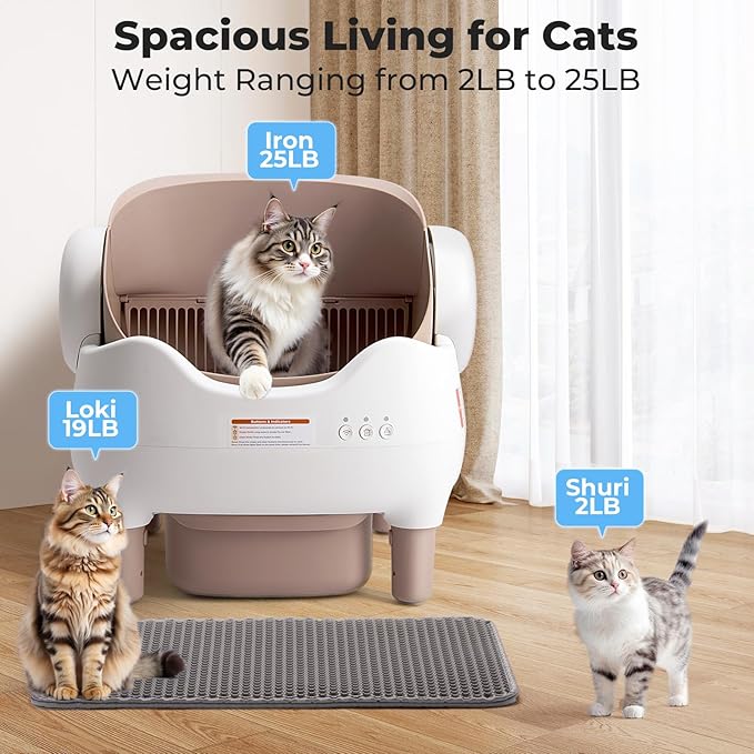 Self Cleaning Cat Litter Box: Automatic Cat Litter Box for Multiple Cats, Large Capacity with App Control, Safety Protection, Open-Top, Includes Waste Bags & Mat