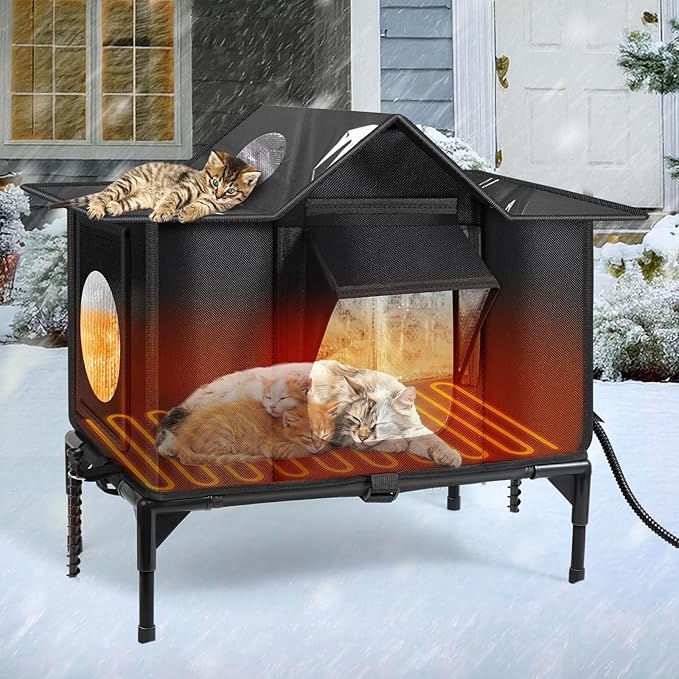Heated Outdoor Cat House Weatherproof with Heating Pad, Insulated Feral Cat Houses for Outdoor Cats, Safe Escape Door, Heated Cats House for Outside, Outside Stray Cats Shelter with Elevated Base(L)