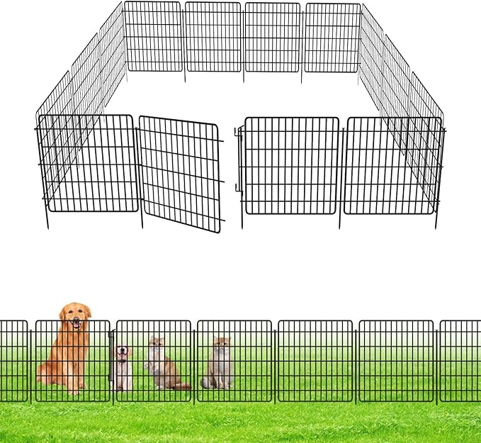 5 Panels Garden Fencing Animal Barrier with Lock, 24 in(H) X 10 Ft(L) Dog Fence Outdoor for Yard Rustproof No Dig Decorative Tall Garden Fence Metal Wire Panel Border Rabbit Ground Stakes Fencing