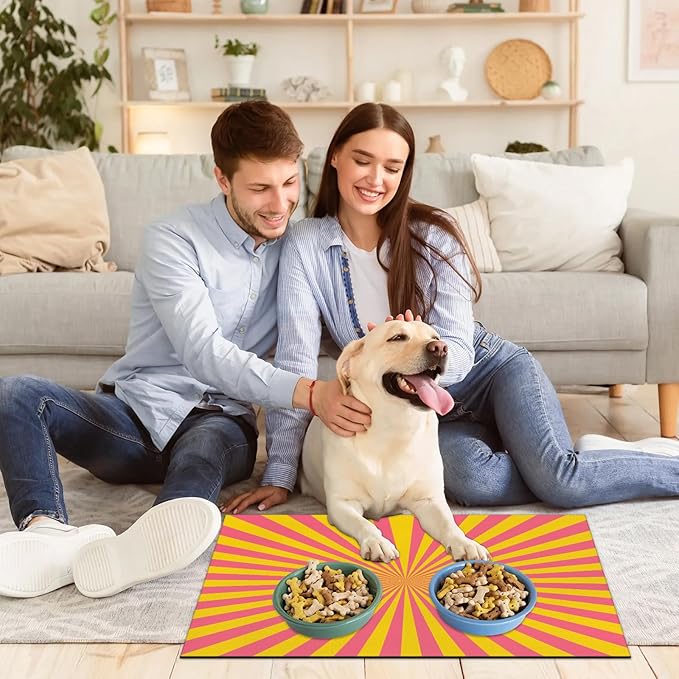 Striped Dog Food Mat for Floors Absorbent, Quick Dry Water Dispenser Mat for Food, Water, Pet Supplies 24" x 32", Pink Yellow