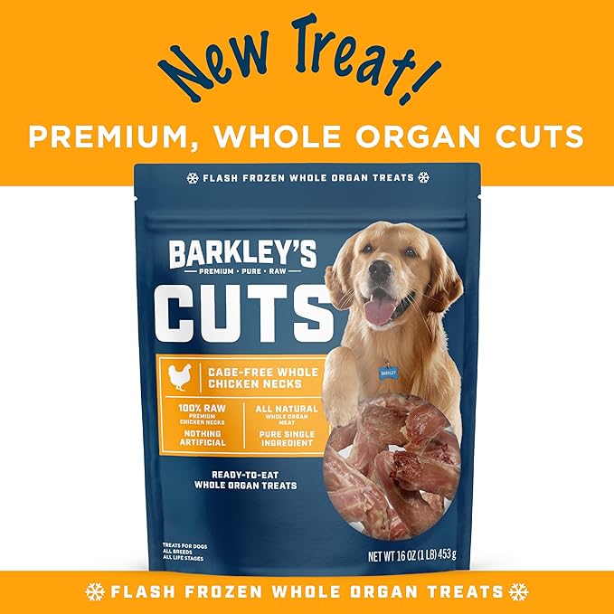 Barkley’s Cuts, Frozen Raw Whole Chicken Necks Dog Treats, Single Ingredient, Flash Frozen, High Protein Training Treats and Food Toppers for Puppies and Dogs, Human Grade Ingredients, 16 Oz Bag