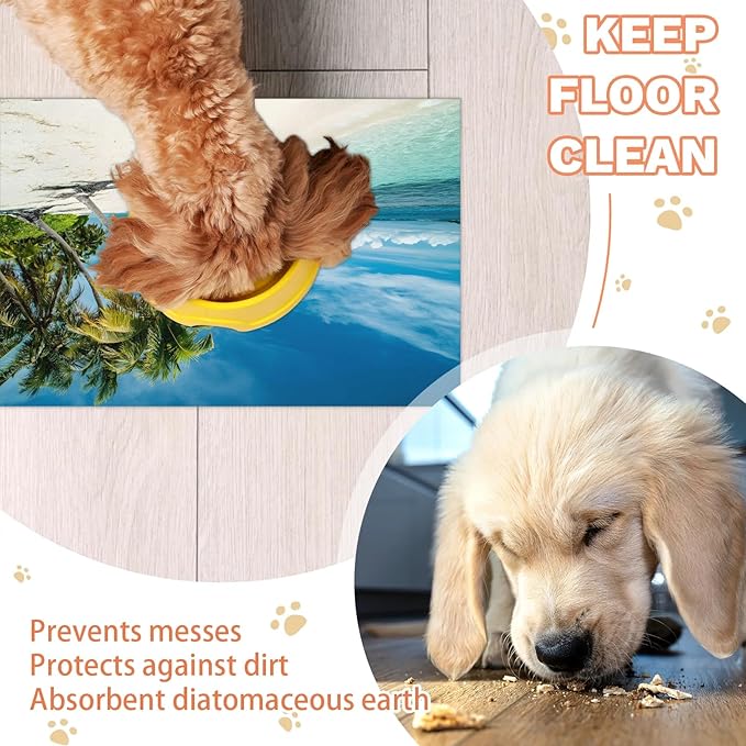 Palm Tree Dog Food Mat for Floors Absorbent, Quick Dry Water Dispenser Mat for Food, Water, Pet Supplies 12" x 20", Tropical Hawaii