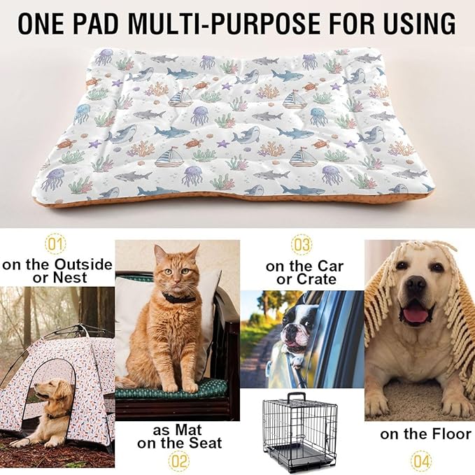 Dog Bed for Crate Washable Pet Sleep Pad, Marine Animals Kennel Mat with Non-Slip Bottom, Soft Fluffy Supplies Pet for Dogs and Cats (36x24 inch)