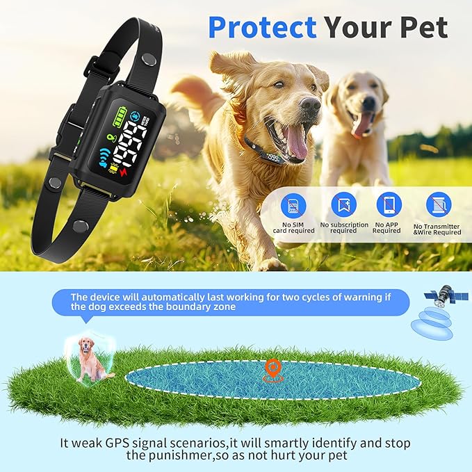 GPS Wireless Dog Fence System, Electric Fence for Dogs, Adjustable Range 99-5997ft, IPX7 Waterproof, Wireless Fence for Dogs, Pet Containment System for Outdoor Use