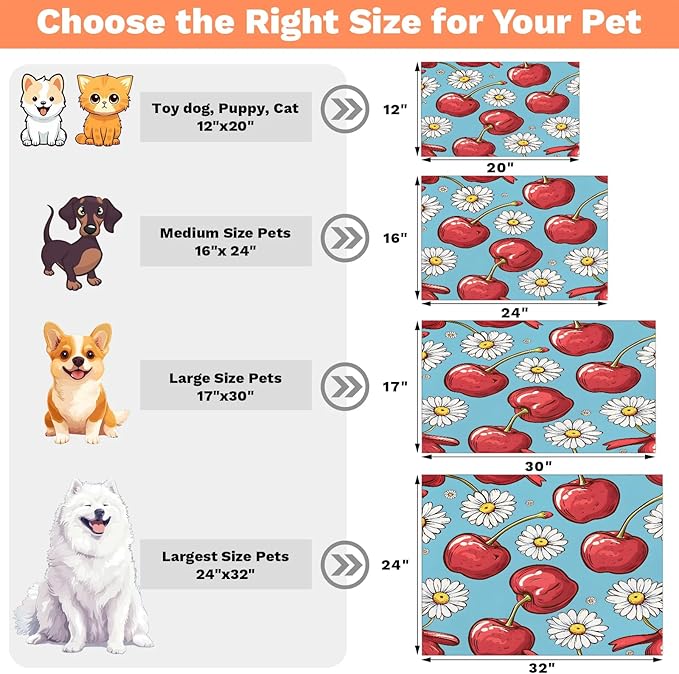 Cherry Dog Food Mat for Floors Absorbent Dog Bowl Mat for Food and Water Dispenser Quick Dry Cat Food Placemat Pet Supplies 12" x 20", Daisy Flowers