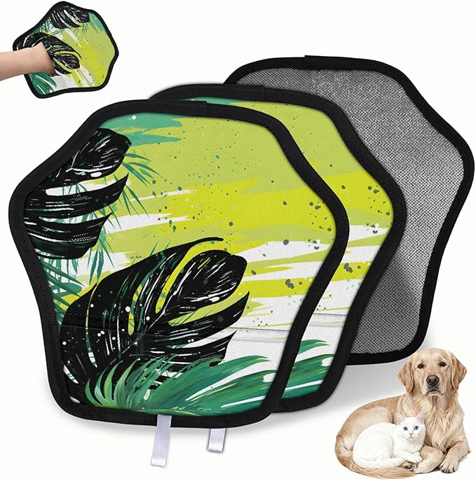 Reusable Pet Hair Removal Glove Palm Leaves Watercolor Magic Brush for Cat & Dog Hair Remover for Car, Sofa, Bedding, Clothes - 9x9 Mitt Washable