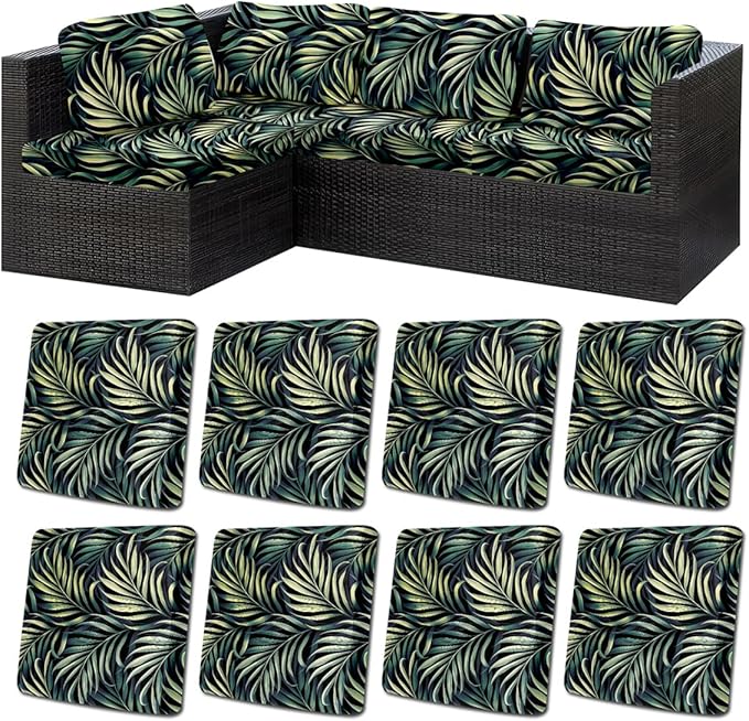 HANDONTIME 8Pcs Outdoor Patio Cushion Covers Green Leaves Stretch Couch Cushion Cover Patio Couch Slipcover for Outdoor/Indoor Washable Non-Slip Furniture Protector for Pet (Black, Cover Only)