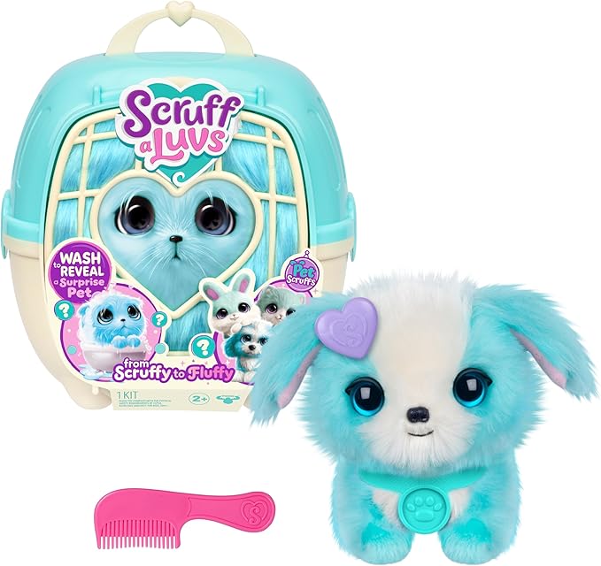 SCRUFFALUVS Blue Surprise Pet, Mystery Plush Toys, Stuffed Animals, Wash to Reveal 1 of 3 Rescue Surprise Toy Pets: Puppy, Bunny, or Kitty - Includes 8.7" Deluxe Carrier - Styles May Vary