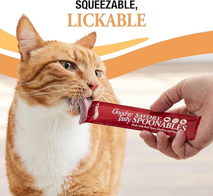 Good 'n' Tasty Savory Spoonables with Real Tuna, Chicken and Duck for Cats, 10 Count, Treat Your Cat to Triple Flavor Squeezable Lickable Wet Treats with Built-in Spoon for Less Mess