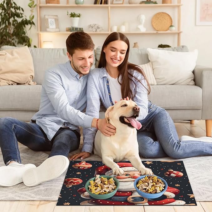 Santa Claus Dog Food Mat for Floors Absorbent, Quick Dry Water Dispenser Mat for Food, Water, Pet Supplies 17" x 30", Xmas Balls