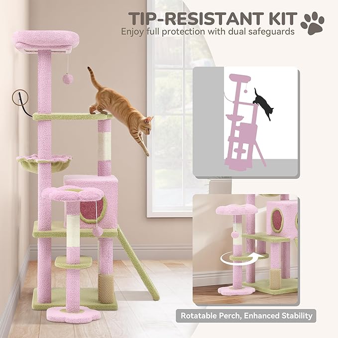 YITAHOME 61" Flower Cat Tree, Cat Tree Cute with Large Metal Frame Hammock, Silicone Tickling Column, Cat Scratched Board, 3 Sisal Scratching Posts, Aesthetic Cat Tower with Condo and Perches