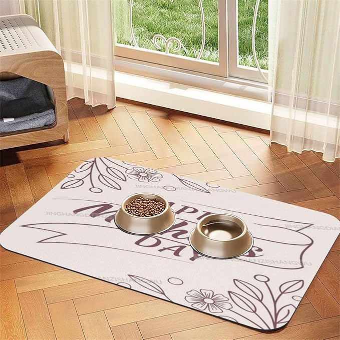 Dog Food Mat Happy Mother's Day Floral Classic Gift for Mom Fw Absorbent Water Bowl Mats Cat Pet Feeding Placemats 24x16In