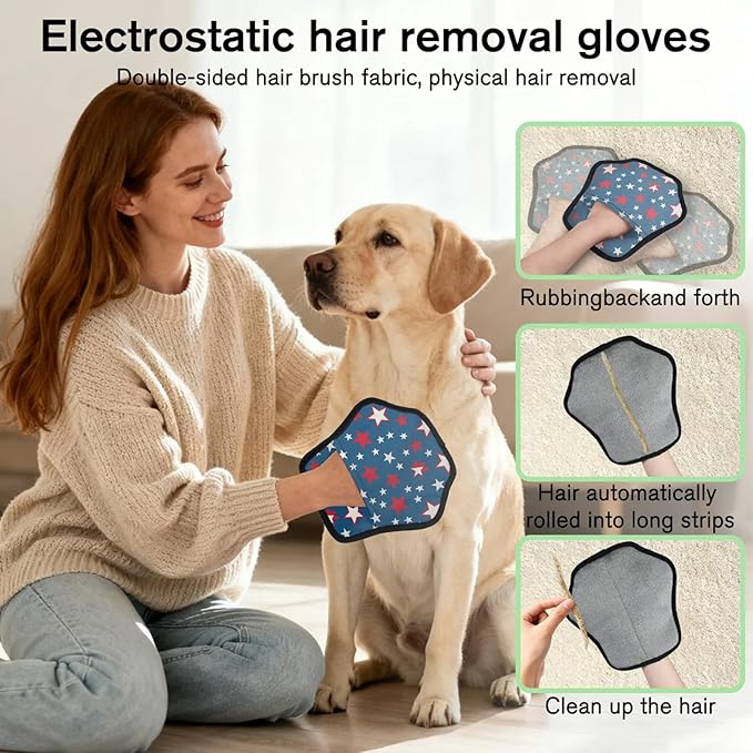 Star Print Electrostatic Pet Hair Removal Glove for Cats & Dogs - Reusable Grooming Mitt for Couch, Carpet, Car Seat & Laundry - Large 9x9 Inch