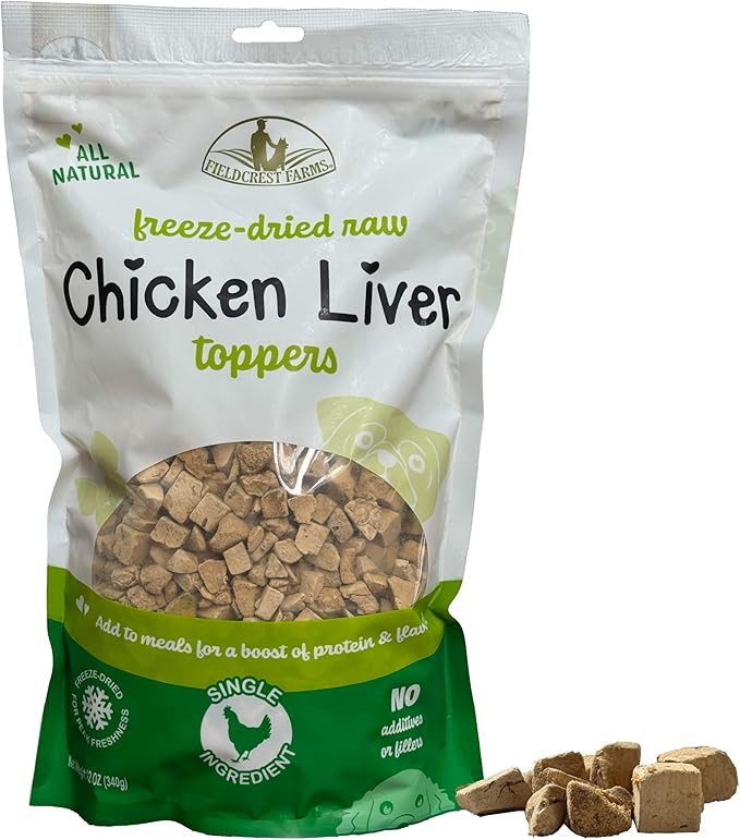 Fieldcrest Farms Chicken Liver Toppers – All-Natural Freeze-Dried Dog Food Topper or Treat, Single Ingredient, Raw & Grain-Free, 12 oz.