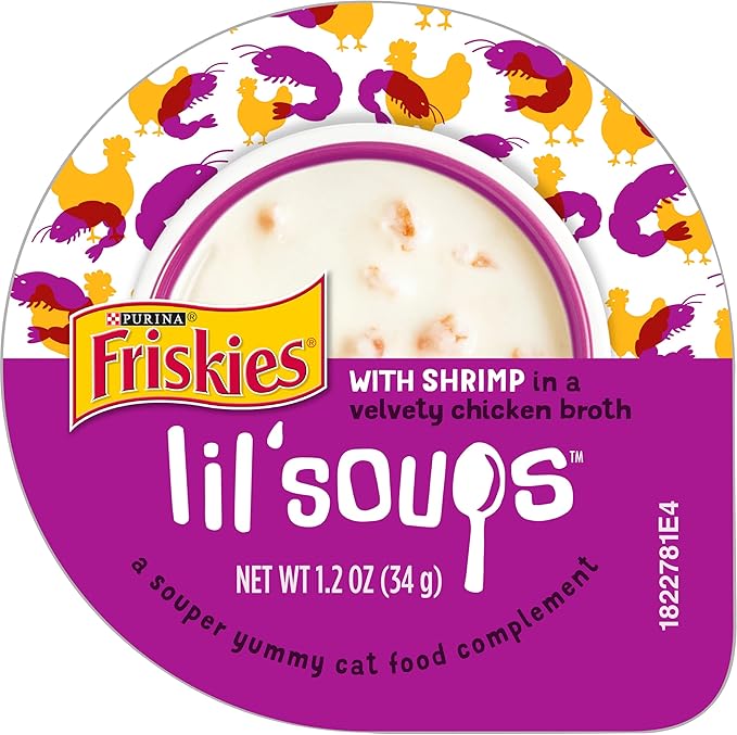 Purina Friskies Natural, Grain Free Wet Cat Food Lickable Cat Treats, Lil' Soups with Shrimp in Chicken Broth - 1.2 oz. Cup (Pack of 16)
