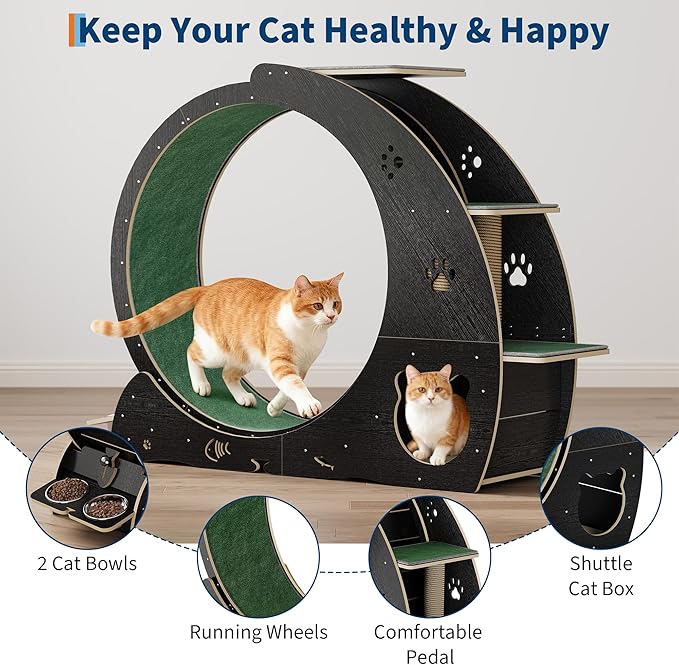 Cat Wheels for Indoor Cats, 48" Large Treadmill Wheel for Indoor Cats with Bowls, Scratch Post, 3-Level Jumping Tower, Cat Exercise Wheel for Running Walking Training