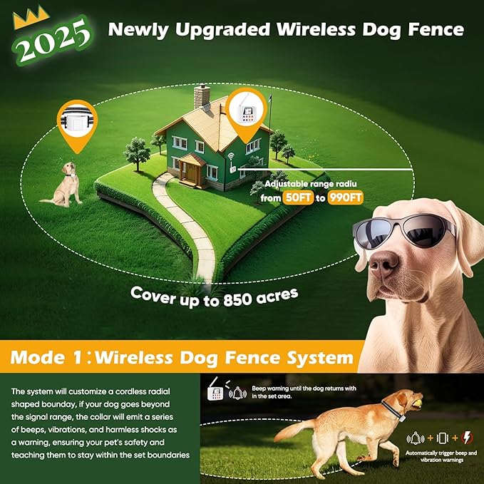 Wireless Dog Fence, 2026Electric Fence for Dog & Training Collar with Big LCD Screen, Portable Pet Wireless Fence with 2.4GPFC Antenna, Waterproof & Adjustable Dog Perimeter Collar (2 Dog System)