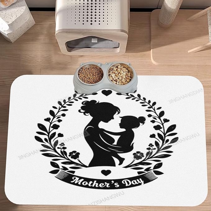 Pet Feeding Mat Happy Mother's Day Floral Gift Mom A Dog Food Mat for Food Water No Stains Quick Dry Dispenser Cat Bowl Mats for Messy Drinkers 18X12In