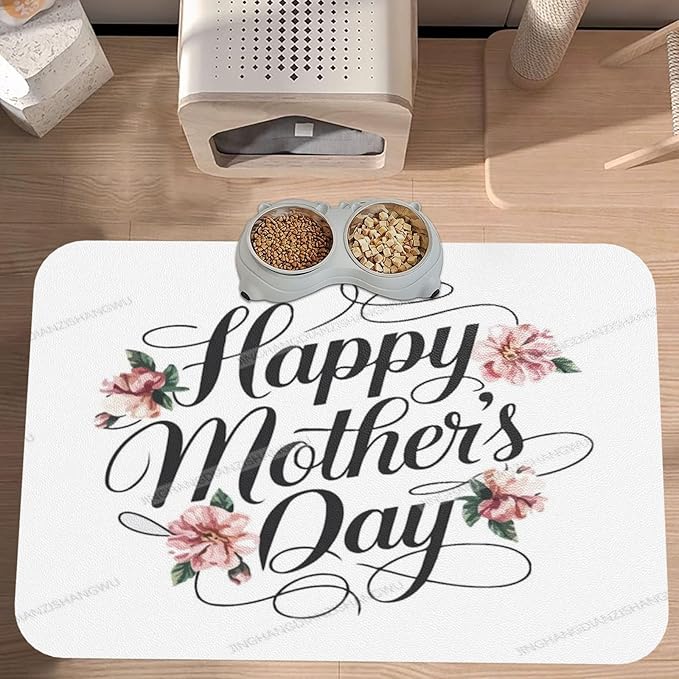 Pet Feeding Mat Happy Mother's Day Floral Gift Mom Js Dog Food Mat for Food Water No Stains Quick Dry Dispenser Cat Bowl Mats for Messy Drinkers 18X12In