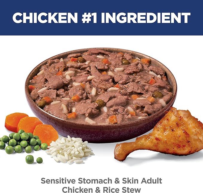 Hill's Science Diet Sensitive Stomach & Skin, Adult 1-6, Stomach & Skin Sensitivity Support, Wet Dog Food, Chicken & Rice Stew, 2.8 oz Pouch, Case of 24