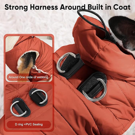 Fleece Lining Dog Hoodie with Harness Built in,Extra Warm Small Dog Jacket in Winter Puppy Coats with Drawstring Hooded,Orange S