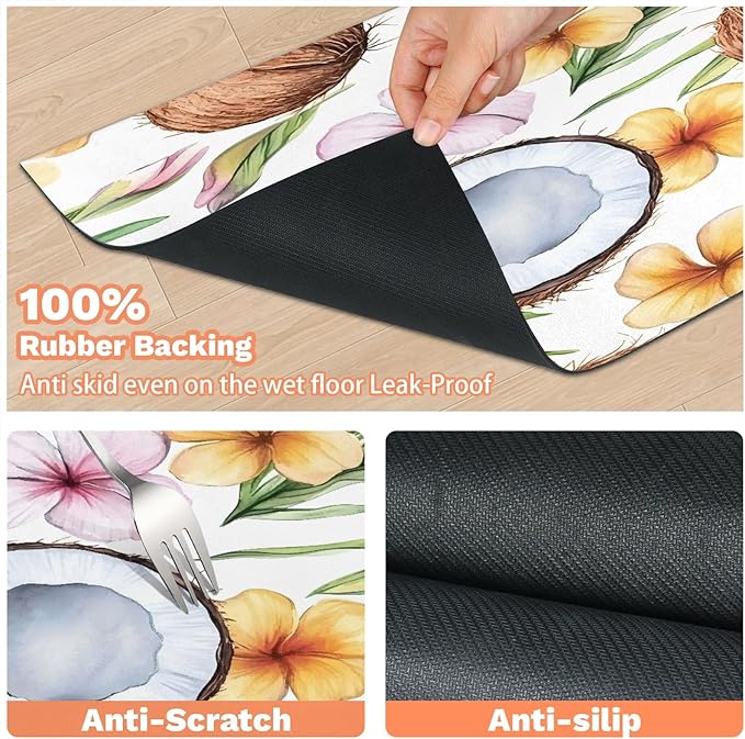 Coconut Fruit Dog Food Mat for Floors Absorbent Dog Bowl Mat for Food and Water Dispenser Quick Dry Cat Food Placemat Pet Supplies 12" x 20", Flower Leaves
