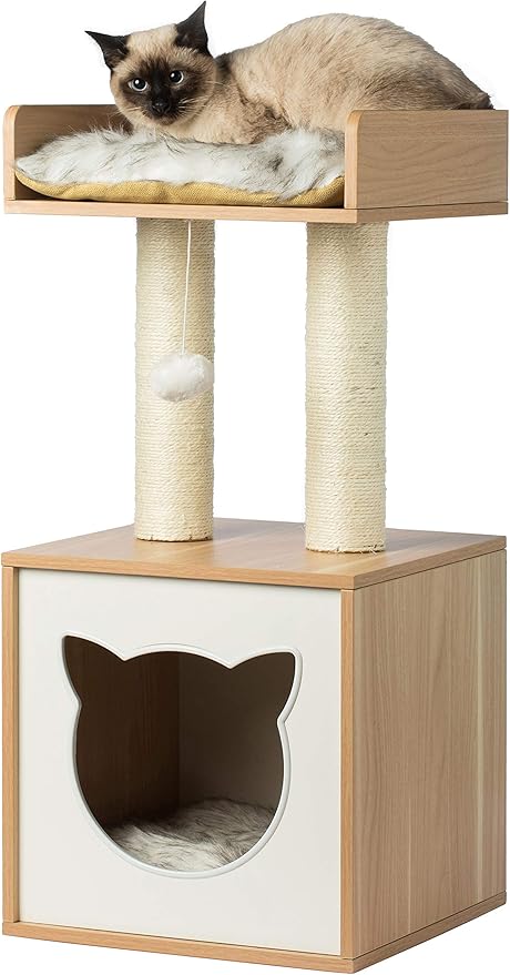Cat Tree Play House Condo Cube Cave, Platform, Scratcher Post and Ball Toy