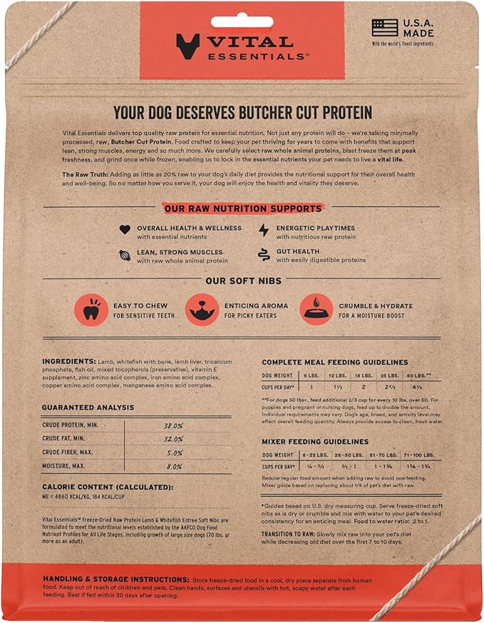 Vital Essentials Freeze Dried Dog Food, Raw Lamb & Whitefish Soft Nibs | Complete Meal or Topper | 99% Lamb, Whitefish, Organs & Bone | High Protein, Grain Free Dry Dog Food | 14 oz Bag