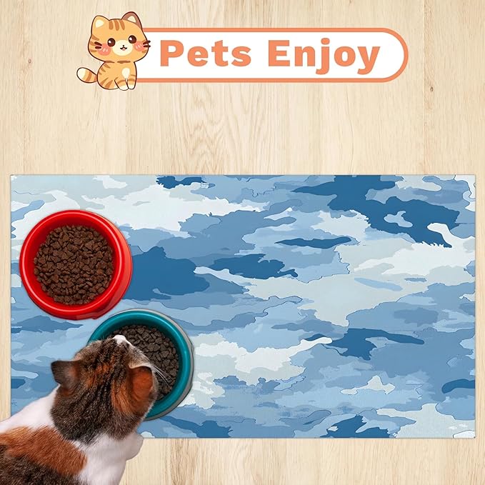 Blue Camo Dog Food Mat for Floors Absorbent Dog Bowl Mat for Food and Water Dispenser Quick Dry Cat Food Placemat Pet Supplies 24" x 32", Camouflage