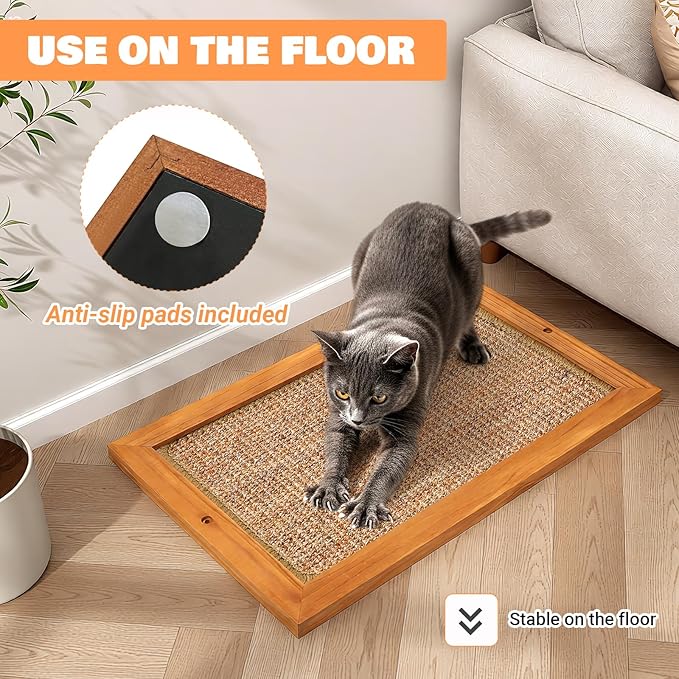 Wall Mounted Cat Scratching Post, Wooden Sisal Panel Scratcher, Natural Wood Frame with Durable Sisal Rope Surface for Cats，Space Saving Wall Furniture for Cats, Protects Furniture from Scratching