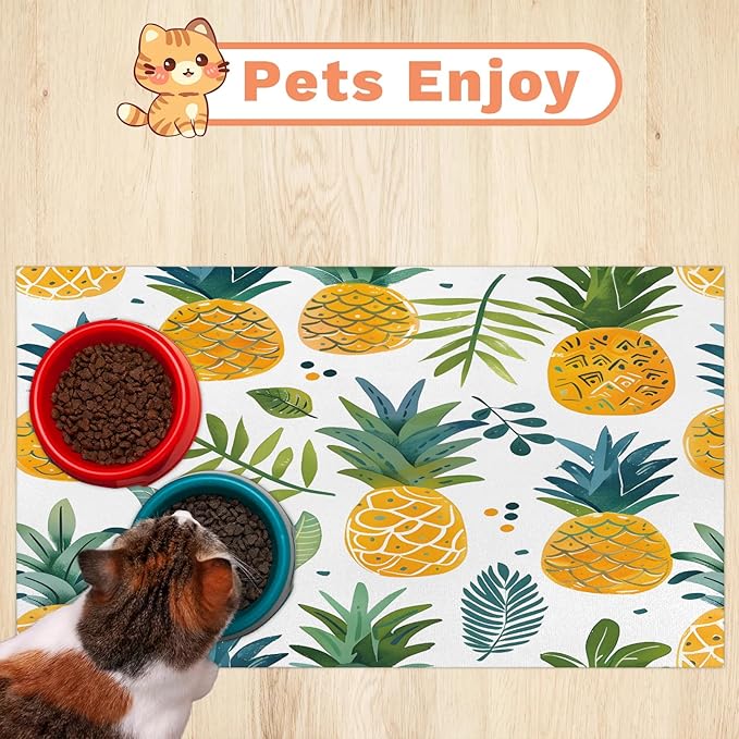 Pineapple Dog Food Mat for Floors Absorbent Dog Bowl Mat for Food and Water Dispenser Quick Dry Cat Food Placemat Pet Supplies 24" x 32", Tropical Summer Fruit