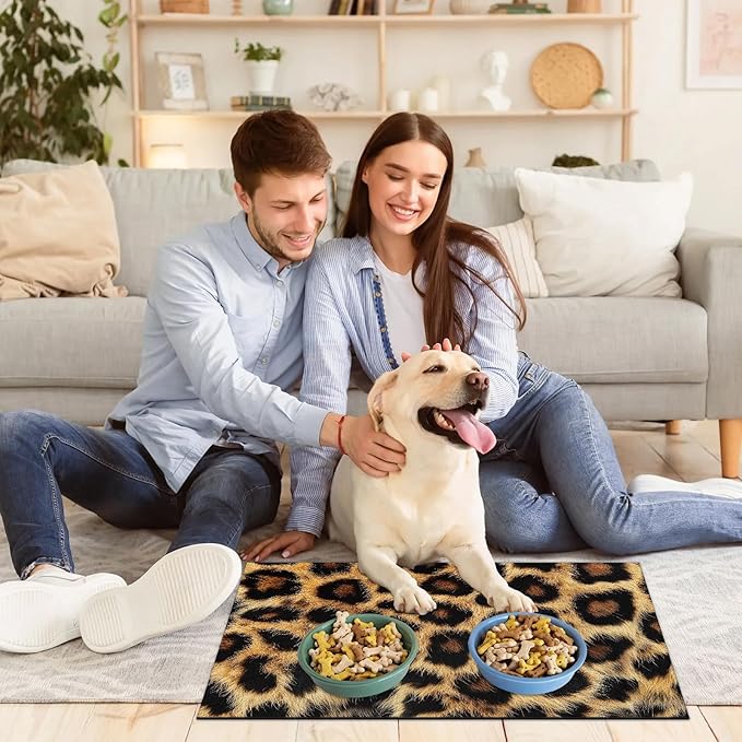 Leopard Print Dog Food Mat for Floors Absorbent Dog Bowl Mat for Food and Water Dispenser Quick Dry Cat Food Placemat Pet Supplies 12" x 20", African Cheetah