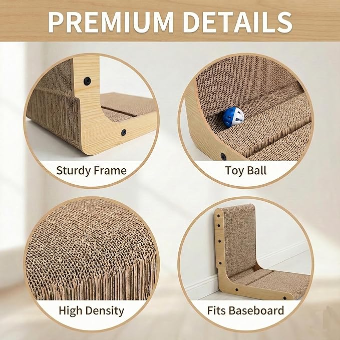 Cuddly Co L Shaped Cat Scratcher Cardboard - 26.8" Vertical Scratching Post for Indoor Cats, Wall Mounted Lounge Pad & Sofa Furniture Protector, Large High Density Recyclable Board with Ball Toy